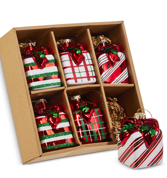 Set of 6 Glass Package Ornaments