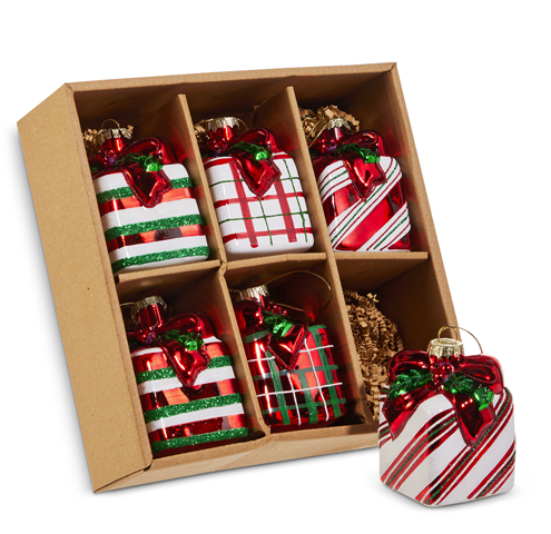 Set of 6 Glass Package Ornaments