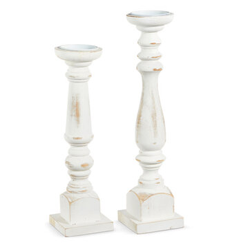 White Distressed Candle Sticks Pair