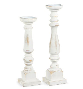 White Distressed Candle Sticks Pair