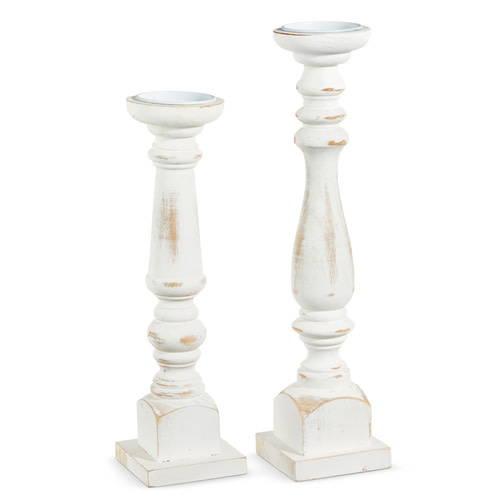 White Distressed Candle Sticks Pair