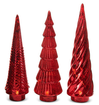 Set of 3 LED Red Mercury Glass Trees