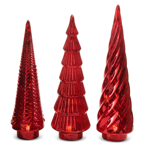 Set of 3 LED Red Mercury Glass Trees