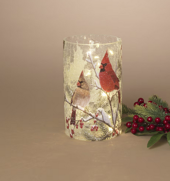 LED Crackle Glass Cardinal Couple Luminary