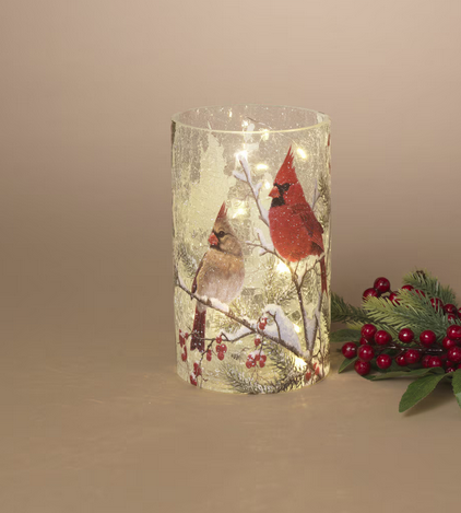 LED Crackle Glass Cardinal Couple Luminary