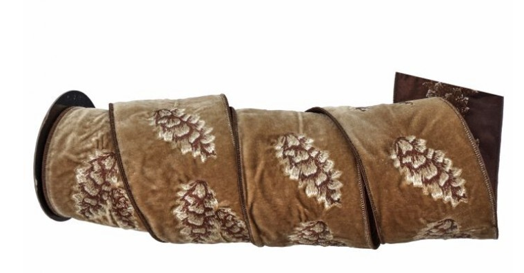 4" x 5 Yd Embroidered Pinecone Ribbon