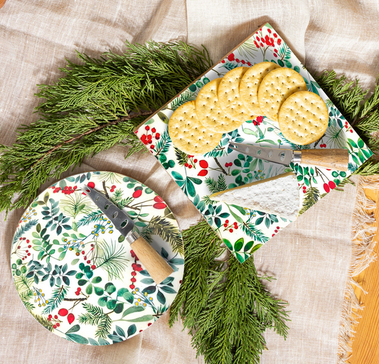 Festive Foliage Wooden Cheese Board w/ Knife (2-Styles)