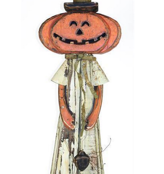 Wooden Carved Pumpkin Lady w/ Spider