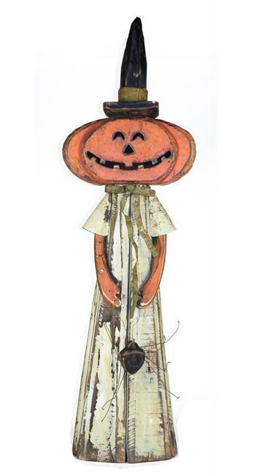 Wooden Carved Pumpkin Lady w/ Spider