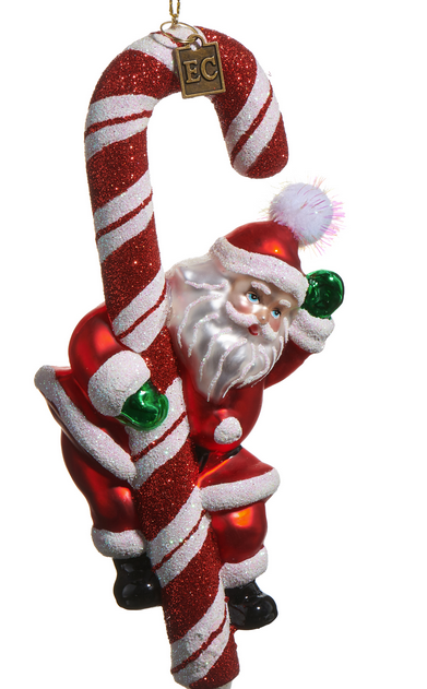 6.75'' Glass Candy Cane Santa Ornament