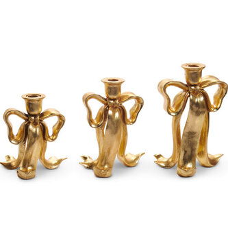 Set of 3 Golden Bow Candlesticks