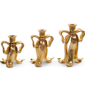Set of 3 Golden Bow Candlesticks