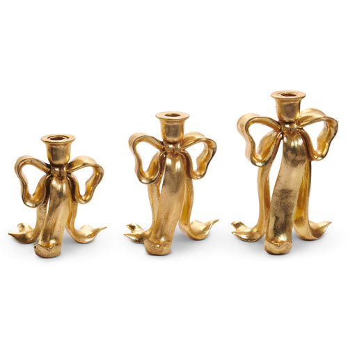 Set of 3 Golden Bow Candlesticks