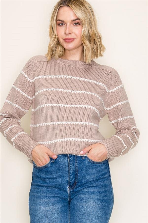 Textured Stripe Crew Neck Sweater Taupe