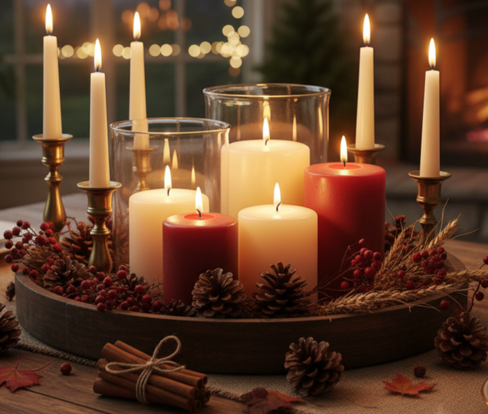 Autumn candlelit tray centerpiece with candles and fall decorations