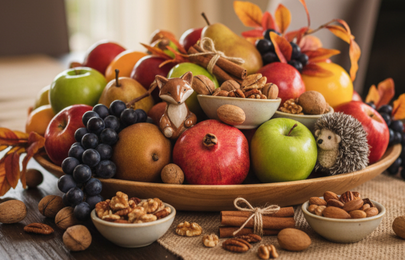 Fall centerpiece with seasonal fruits, nuts and autumn decorations