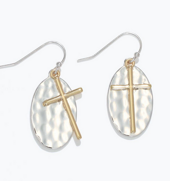 Hammered Two Tone w/ Cross Earrings