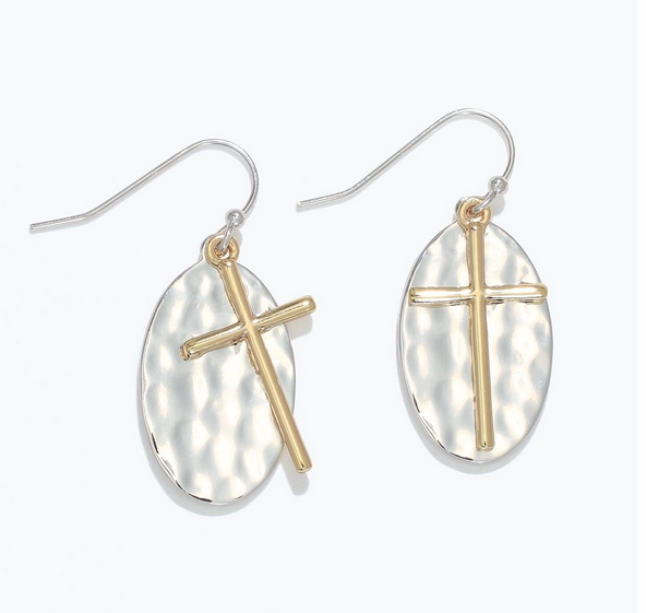 Hammered Two Tone w/ Cross Earrings