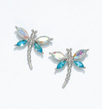 Clear Crystal & Aqua Dragonfly Earrings