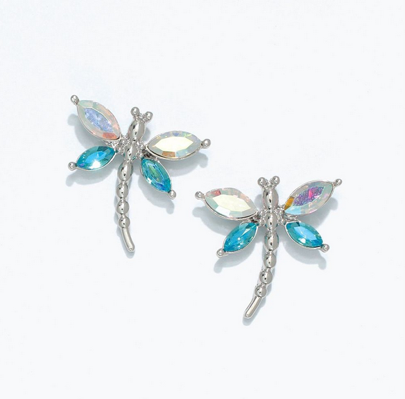 Clear Crystal & Aqua Dragonfly Earrings