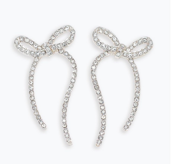Long Silver Bows w/ Crystal Earrings