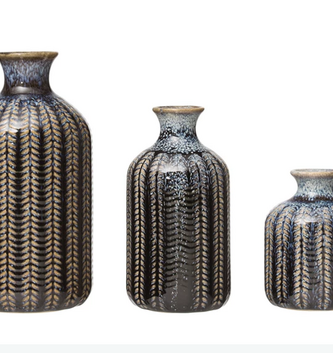 Set of 3 Blue Embossed Stoneware