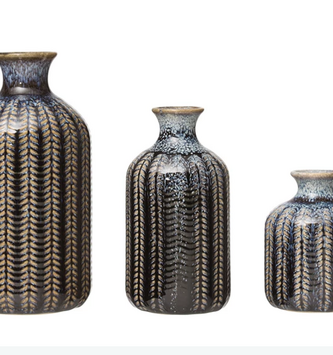 Set of 3 Blue Embossed Stoneware