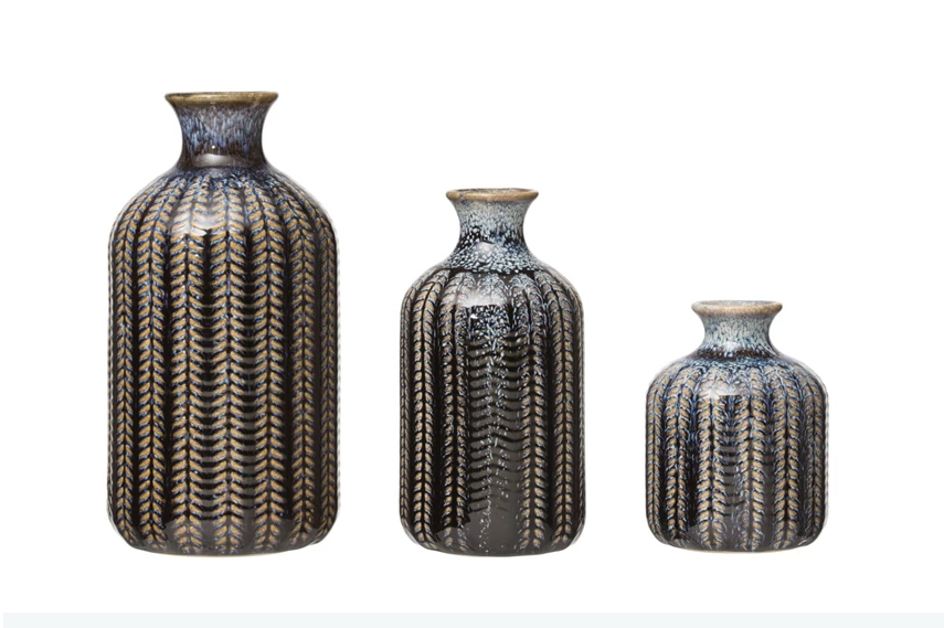 Set of 3 Blue Embossed Stoneware