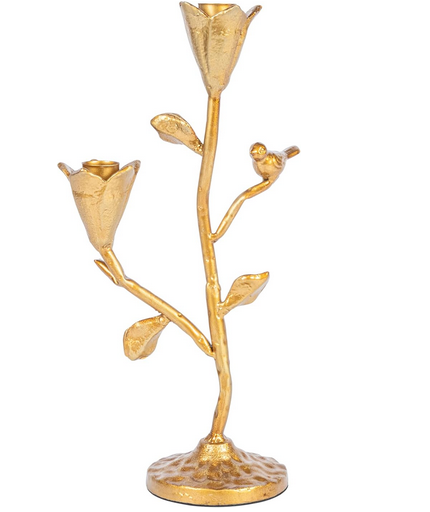 Golden Double Taper Candle Holder Bird