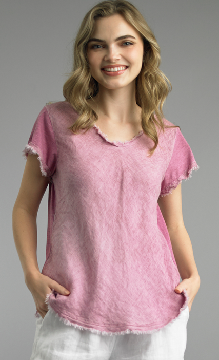 Tempo Paris Frayed Edge V-Neck Shirt By: Tempo Paris (3-Colors)