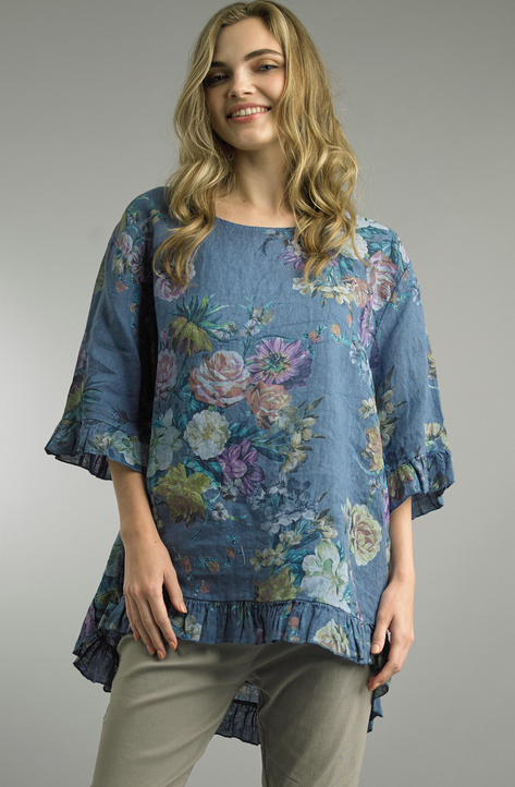 Tempo Paris Blue Ruffle Linen Tunic by: Tempo Paris