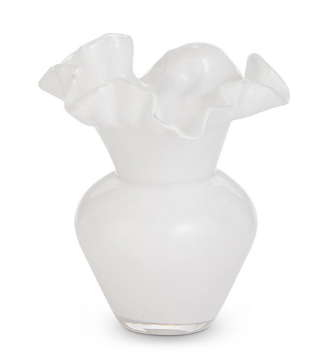 8" White Ruffle Glass Vase