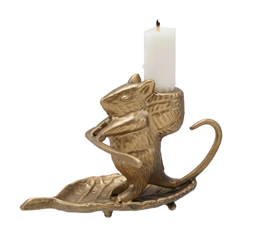 Cast Metal Mouse on Leaf Taper Candle Holder