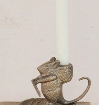 Cast Metal Mouse on Leaf Taper Candle Holder