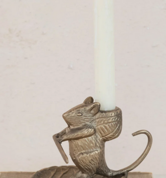 Cast Metal Mouse on Leaf Taper Candle Holder