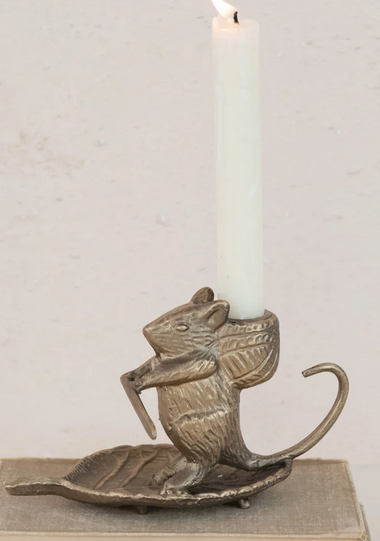 Cast Metal Mouse on Leaf Taper Candle Holder