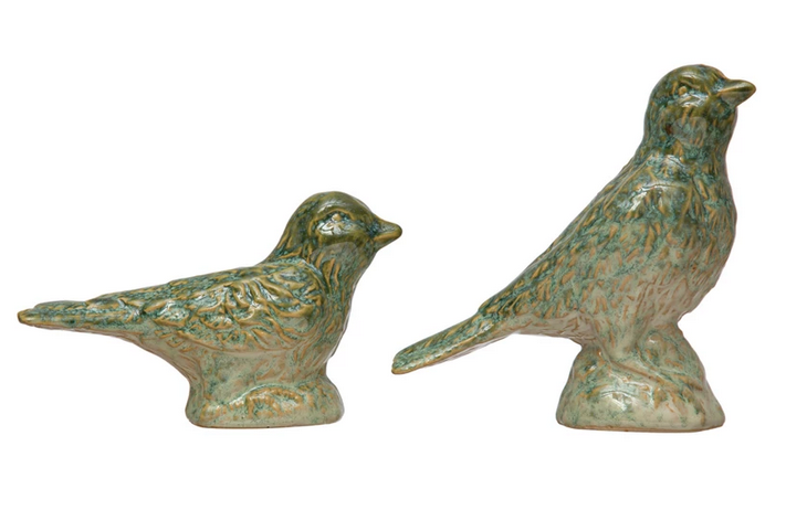 Set of 2 Green Stoneware Birds