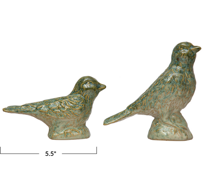 Set of 2 Green Stoneware Birds
