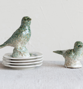 Set of 2 Green Stoneware Birds