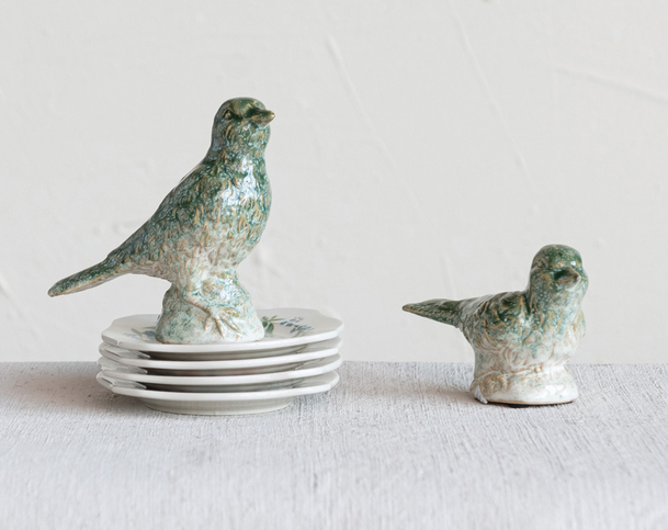 Set of 2 Green Stoneware Birds