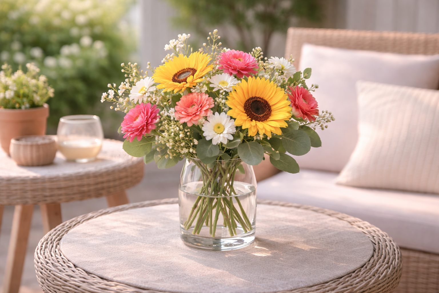 Summer patio arrangement of silk sunflowers and zinnias in a vase on an outdoor table.