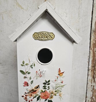 9.65" Metal Embossed Bird House with Wooden Roof
