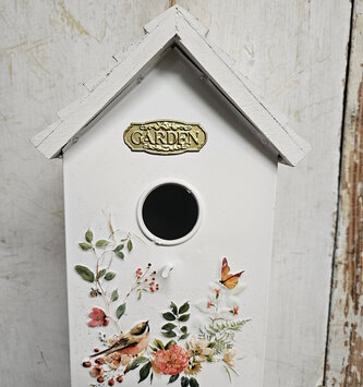 9.65" Metal Embossed Bird House with Wooden Roof