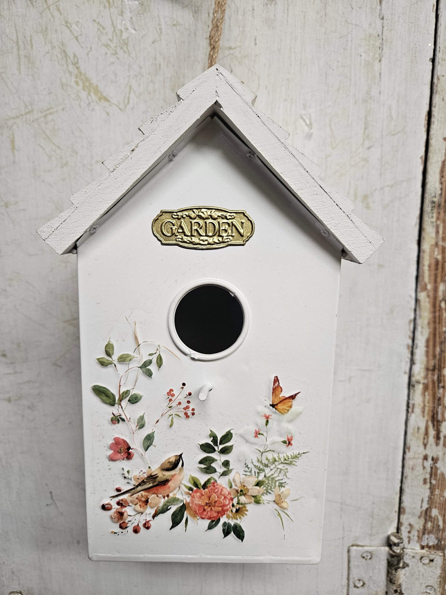 9.65" Metal Embossed Bird House with Wooden Roof
