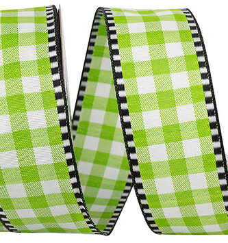 1.5" x 10 Yds Green and White Gingham Wired Ribbon