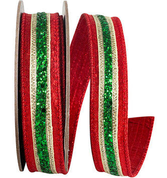 1.5" x 5 Yds Red and Green Glitter Stripe Wired Ribbon