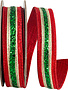 1.5" x 5 Yds Red and Green Glitter Stripe Wired Ribbon