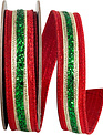 1.5" x 5 Yds Red and Green Glitter Stripe Wired Ribbon