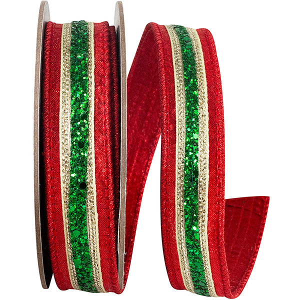 1.5" x 5 Yds Red and Green Glitter Stripe Wired Ribbon