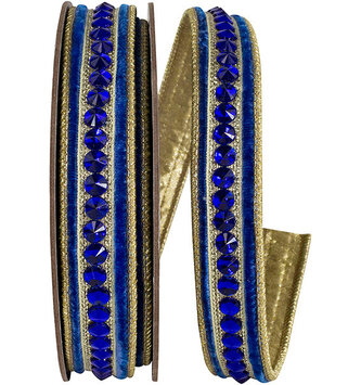 Blue Jeweled Velvet Wired Ribbon